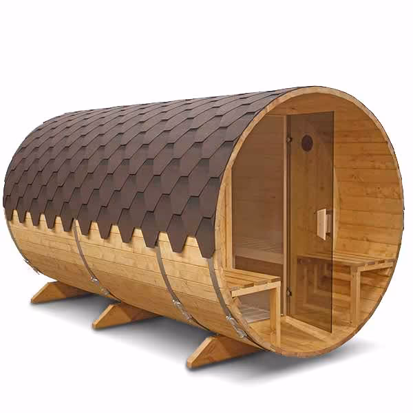 l1 wellmia® Fasssauna Veranda Large - 360 cm - für 6 Personen - große Gartensauna mit Veranda Terrasse Vordach und Sitzen außen - Varianten möglich - Gartensauna Saunafass Außensauna Fass Sauna Fassauna – Bild 1